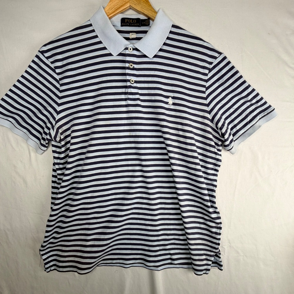 Polo Ralph Lauren Mens Large Blue Striped Short Sleeve Pique Polo Shirt L/G